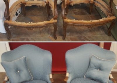 On top, there is a set of chairs with only frames. On the bottom, there is a set with the fabric on.
