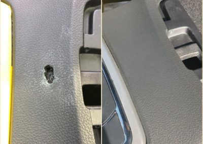 On the left, there's a hole in a part of the wall of a car. On the right, there's a refinished wall.