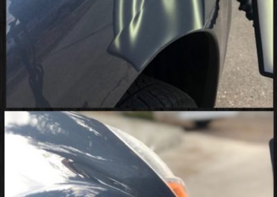 On top, there is a car dented above the tire. On the bottom, there is an image of a fixed car.