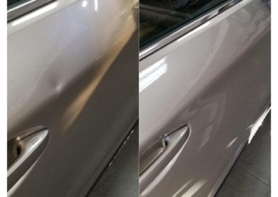 On the left, there is a car that's dented above the handle. On the right, there is a repaired car.