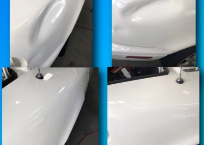 On the top, there are 2 images of a dented car. On the bottom, there are 2 images of a fixed car.