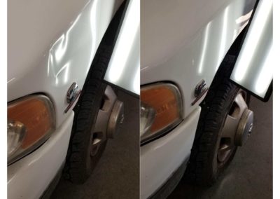 On the left, there's a car with a dent by the headlight. On the right, there's a car without a dent.