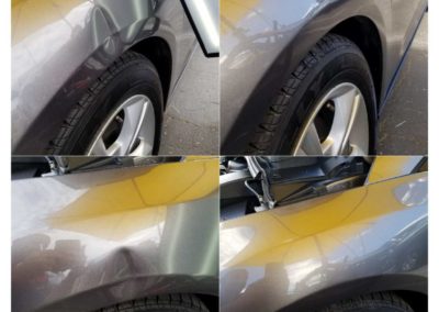 On the left, there are 2 images of a dented car. On the right, there are 2 images of a repaired car.