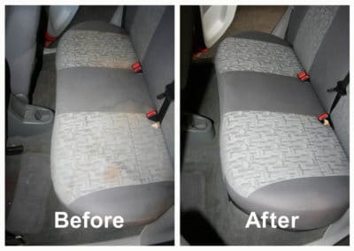 First, there is a stained car seat labeled before. Next, there is a clean car seat labeled after.
