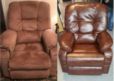 On the left, there is a rugged-looking reclining chair. On the right, there is a shiny new chair.