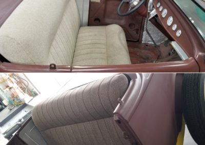 On the top, there are light fabric chairs in a car. On the bottom, there are darker chairs.