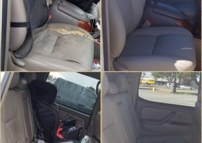 On the left, there are two ripped car seats. On the right, there are two repaired car seats.