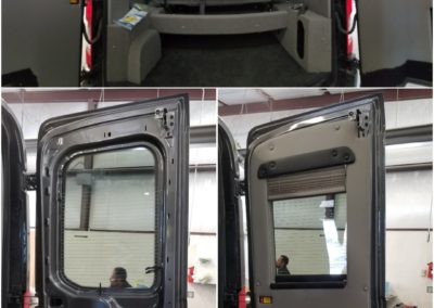 On top, there's a view of the back doors. On the bottom, there's a before and after of a van door.