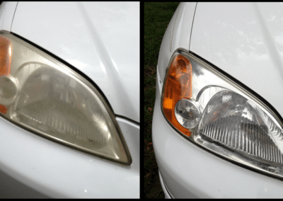 On the left, there's a very foggy car headlight. On the right, there is a very clean car headlight.