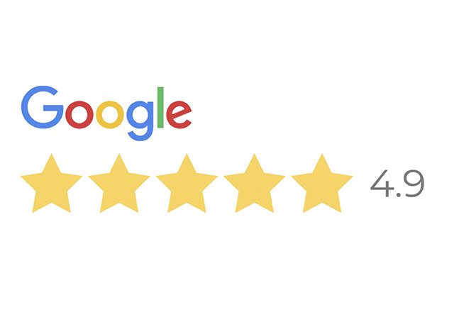 There is a screenshot of the Google logo with a 4.9 stars rating below. There are 5 stars shown.
